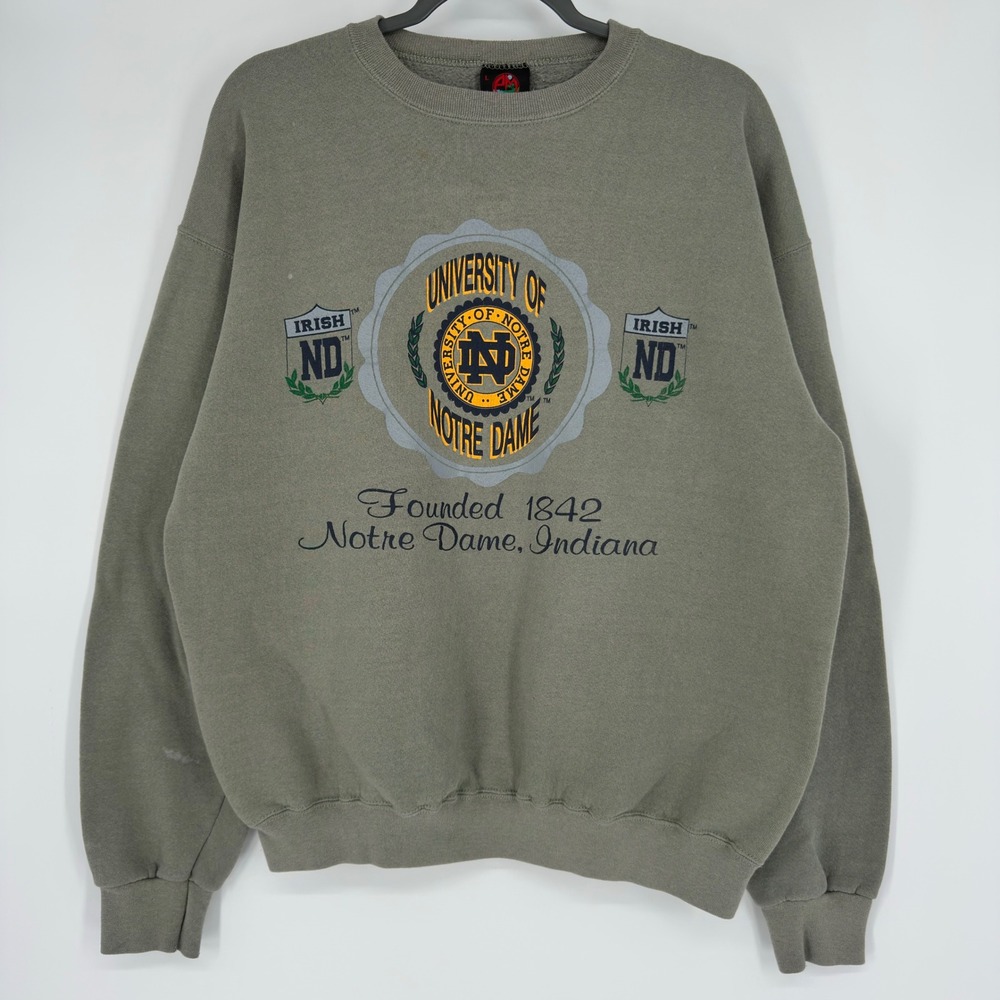 Vintage 90s PM Sports Notre Dame Irish Sweatshirt Large Olive Green Made in USA